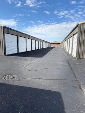 full row view of storage units on both sides of drive path
